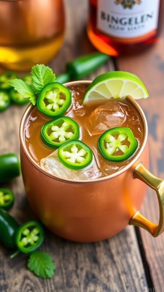 Spicy Jalapeño Rum Mule cocktail in a copper mug, garnished with jalapeño slices and lime on a wooden table.